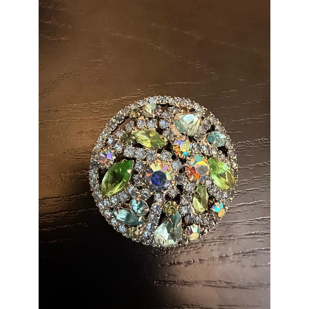 Vintage Blue & Green Rhinestone Dome Brooch – Silver Tone Statement Pin